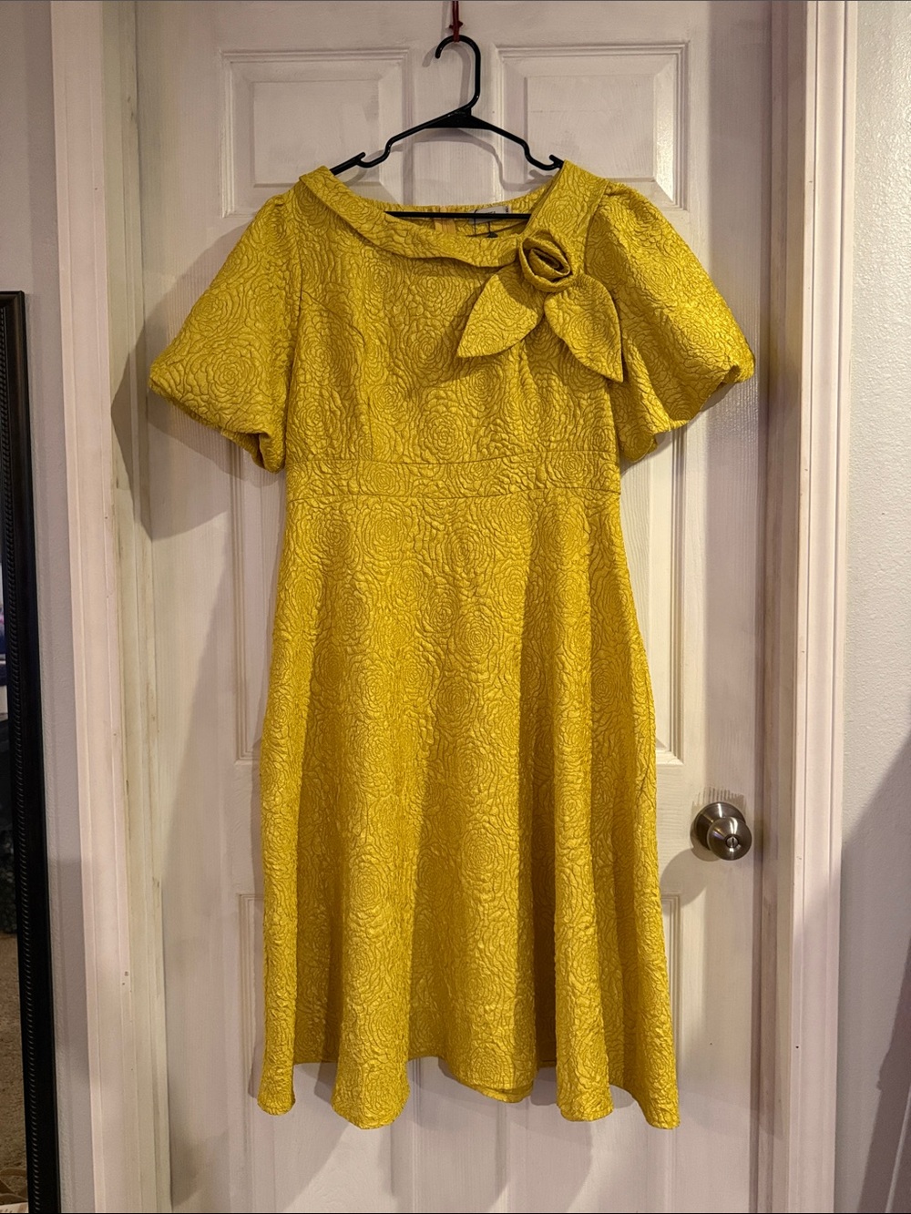 Elegant Golden Yellow Textured A-Line Dress with Floral Bow